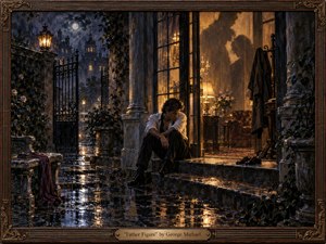 A solitary man sits on rain-darkened stone steps outside an elegant townhouse, caught between cool moonlit streets and a warmly glowing interior. Deep blues, amber gold, wet reflections, wrought iron, ivy, and carved wood create a romantic, melancholic atmosphere. Painterly textures and intimate shadows suggest longing, protection, distance, and restrained devotion.
