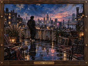 A solitary figure stands on a rain-slick rooftop overlooking a glowing city at twilight, surrounded by worn furniture, plants, records, and warm lanterns. Deep blues, amber lights, and rose-colored clouds create a reflective, intimate mood. Painterly textures, shimmering puddle reflections, and a carved wooden frame add handcrafted richness.