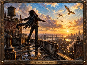 A lone figure stands on a weathered city rooftop, arms spread toward a radiant sunset as birds soar into the glowing sky. Warm golds, deep browns, and cool blues create an uplifting, restless mood. Rich painterly textures, dramatic clouds, urban silhouettes, reflective puddles, and an ornate industrial frame emphasize freedom and escape.