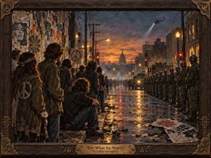 A tense 1960s street confrontation unfolds at dusk, with young protesters facing a rigid line of soldiers across rain-slick pavement. Warm amber lights and sunset orange contrast with smoky blues and olive tones. Painterly textures, torn posters, peace symbols, scattered papers, and a helicopter searchlight deepen the uneasy, reflective atmosphere.