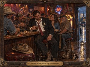 A weary, formally dressed man relaxes among laughing companions in a rustic honky-tonk bar, surrounded by worn wood, cowboy hats, guitars, neon light, and rain outside. Warm amber and red illumination contrasts with cool blue night tones, creating a humorous, bittersweet atmosphere rendered with richly textured, painterly realism and handcrafted detail.