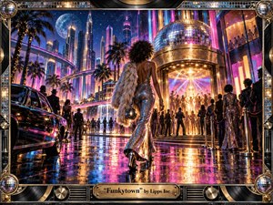 A glamorous figure in shimmering silver strides toward a dazzling disco club in a futuristic neon city. Palm trees, mirrored spheres, sleek towers, and a reflective rain-slicked street glow in pink, blue, gold, and violet light. The richly detailed retro-futurist scene feels energetic, stylish, celebratory, and irresistibly nocturnal.