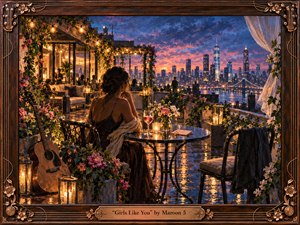 A woman sits alone on a flower-filled rooftop terrace at twilight, gazing across a glowing city skyline. Warm lanterns, string lights, and reflected rain create an intimate, romantic atmosphere against deep blues and sunset pinks. Rich painterly textures, a resting guitar, flowers, wine, and an ornate wooden frame add handcrafted elegance and quiet longing.