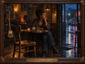 A contemplative woman sits alone in a weathered blues bar, gazing toward an open doorway and rain-soaked street. Warm amber lamps contrast with cool blue night reflections, creating quiet tension and longing. Rich painterly textures, worn wood, a guitar, empty chair, and ornate brass-trimmed frame deepen the intimate, cinematic mood.