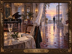 A solitary figure walks toward a glowing seaside sunrise from an elegant, candlelit ballroom, leaving behind a white rose, crystal glass, and empty chair. Warm golds and polished wood contrast with cool lavender-blue dawn light. Rich oil-paint textures, flowing curtains, reflective floors, and an ornate musical frame create a tender, melancholic farewell.