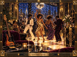 A glamorous 1970s disco party fills a luxurious New York penthouse, where stylish dancers move beneath a sparkling mirror ball against a glowing skyline. Gold, black, burgundy, and violet dominate the scene, illuminated by warm amber reflections. Rich painterly detail, polished surfaces, a bass guitar, turntable, and ornate frame evoke elegant nightlife and rhythmic celebration.
