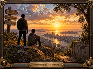 Two young men overlook a sprawling coastal city from a rocky hillside beneath a blazing golden sunset. Warm amber light contrasts with blue-gray clouds and shadowed figures, creating a hopeful, contemplative mood. Cinematic realism captures distant waterways, encouraging signposts, and an ornate wood-and-brass frame with musical details and an engraved title plate.