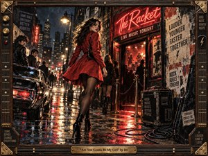 A confident woman in a vivid red coat strides through a rain-slicked city street toward a glowing rock club, surrounded by neon signs, onlookers, and a vintage car. Rich reds, amber light, and deep blues create a charged nightlife mood, rendered in gritty painterly textures within a brass-and-wood musical frame.