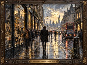 A solitary figure walks through a rain-soaked London street as blurred crowds, black cabs, and a red double-decker bus stream around him. Golden twilight glows against cool blue-gray architecture, reflecting across wet pavement. Rich oil-and-wax textures, deep perspective, ornate framing, and an engraved brass title plate create a melancholic, cinematic atmosphere.