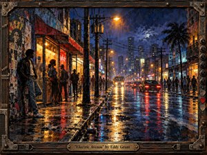 A rain-soaked city avenue glows with electric blues, amber streetlights, and red reflections, while pedestrians gather beneath worn storefronts and tangled power lines. The cinematic perspective leads toward a hazy skyline, creating restless urban energy. Thick painterly textures, gritty surfaces, vintage cars, and an industrial music-themed frame reinforce the early-1980s atmosphere.