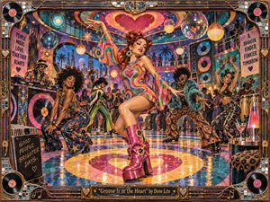 A vibrant retro dance club bursts with psychedelic color as a stylish central dancer commands the glowing floor, surrounded by exuberant performers, DJs, vinyl records, mirrored lights, and patterned decor. Warm gold, pink, teal, and orange tones create joyful energy, while intricate mixed-media textures and an ornate musical frame evoke playful 1990s funk glamour.
