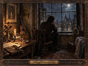 A solitary man sits beside a rain-streaked window overlooking a moonlit city, surrounded by a worn guitar, candlelight, scattered papers, roses, and aging books. Deep browns, amber highlights, and cool blue-gray night tones create a reflective, melancholy mood, rendered in richly textured, painterly detail within an ornate wooden frame.