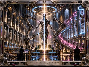 A gleaming humanoid machine stands at the center of a vast futuristic factory, surrounded by robotic arms, ascending figures, and luminous production lines. Metallic silver, black, electric blue, and neon pink dominate the palette, while radiant golden light creates a dramatic, transformative mood. Intricate machinery and reflective surfaces evoke precision, evolution, and relentless technological progress.