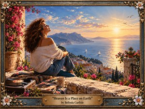 A serene woman sits on a flower-lined Mediterranean terrace overlooking a glowing coastal town and shimmering sea at sunset. Warm gold, blue, and pink tones create a romantic, uplifting mood. A turntable, records, heart-marked mug, ornate floral frame, and engraved title plate add nostalgic handcrafted detail.