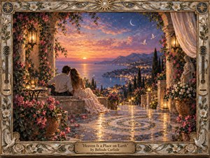 A romantic couple overlooks a glowing Mediterranean coast from a flower-draped stone terrace at sunset. Warm lanterns, pink blossoms, shimmering water, and distant hillside lights create a dreamy, hopeful mood. Rich painterly textures, ornate classical details, soft twilight blues, and golden reflections give the scene an elegant, handcrafted warmth.