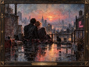 A couple sits closely on a rain-soaked rooftop, overlooking a glowing city at sunset. Warm coral, amber, and pink light breaks through cool blue-gray clouds, reflecting across wet concrete. Thick, textured brushwork creates a romantic, slightly melancholic atmosphere, framed by dark carved wood and brass with an engraved title plate.