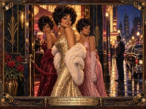 Three glamorous women in sparkling evening gowns pose outside a lavish mid-century nightclub, framed by rain-slicked city streets and glowing marquees. Warm gold, ruby, and blush tones contrast with deep blue night. Ornate Art Deco details, reflective pavement, roses, vintage cars, and a richly crafted musical frame create romantic Motown elegance.