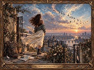 A windblown young woman stands on a flower-draped terrace above a glowing river city at sunset, watching birds sweep across a dramatic sky. Warm gold and peach light mingle with cool blue clouds, while painterly textures, travel objects, fluttering feathers, and an ornate framed title plate create a wistful, romantic, handcrafted scene.