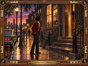 A young man in a red velvet jacket pauses on a rain-slicked city street, gazing toward a warmly lit doorway as evening settles over the neighborhood. Golden reflections, purple skies, vintage cars, and glowing lamps create nostalgic longing. Rich painterly textures and an ornate musical frame evoke soulful 1970s romance.