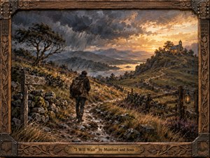 A lone traveler walks a rugged country path toward a distant hilltop chapel beneath storm-darkened skies breaking into golden sunset. Warm amber light contrasts with cool grays and earthy browns, creating a mood of endurance and hope. Rich oil-paint textures, windswept trees, stone walls, and carved wooden framing add handcrafted depth.