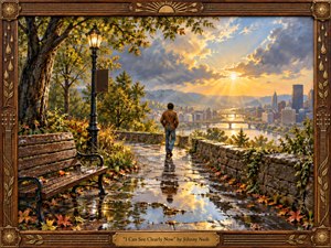 A solitary figure walks along a rain-washed overlook toward a glowing city and river valley as storm clouds break into radiant sunlight. Warm golds, cool blues, autumn foliage, reflective pavement, and textured stone create a hopeful, contemplative mood. Painterly detail, dramatic light, and the handcrafted musical frame reinforce renewal and clarity.
