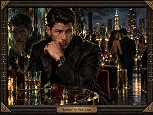 A brooding man sits alone at a polished table in a glamorous rooftop lounge, his fractured reflection echoing suspicion and emotional tension. Behind him, elegant couples mingle beneath a glowing city skyline. Deep blacks, bronze highlights, crimson roses, candlelight, and glossy surfaces create a dramatic, cinematic mixed-media atmosphere.