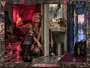 A weary punk-styled woman sits in a battered apartment doorway, surrounded by cracked tile, wilted flowers, scattered debris, and rain-darkened halls. Neon crimson light clashes with cool blue dusk, creating a restless, bruised mood. Gritty realism, distressed textures, reflective surfaces, and an industrial guitar-inspired frame intensify the raw emotional tension.
