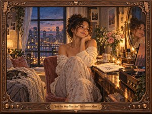A woman sits peacefully beside a warmly lit vanity in a cozy city apartment at dusk, surrounded by flowers, photographs, books, and a softly spinning record. Golden lamplight contrasts with the blue skyline beyond the window, creating an intimate, affectionate mood rendered in richly textured, romantic painterly detail.