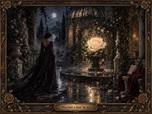 A solitary woman in a flowing dark gown stands within a moonlit, rose-covered conservatory, facing a luminous white rose glowing above a reflective fountain. Deep blues, bronze, burgundy, and warm gold create a romantic, mysterious mood, while ornate architecture, wet stone, scattered petals, and dramatic painterly lighting evoke longing, beauty, and emotional enchantment.