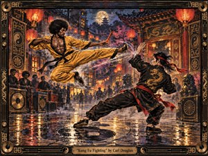 Two martial artists clash beneath glowing red lanterns in a rain-slicked nighttime courtyard, surrounded by spectators, temple architecture, and drifting mist. Golden yellow and deep black costumes create dramatic contrast against warm orange light and cool moonlit shadows. The richly textured, cinematic painting captures energetic movement, theatrical tension, and playful 1970s-inspired flair.