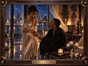 A romantic couple shares a tense, intimate moment in a luxurious high-rise apartment overlooking a rain-soaked city at night. Warm amber lamplight contrasts with deep blue windows, while satin, roses, vinyl records, and reflective surfaces enrich the scene. Detailed realism, elegant framing, and cinematic lighting create longing, vulnerability, and devotion.