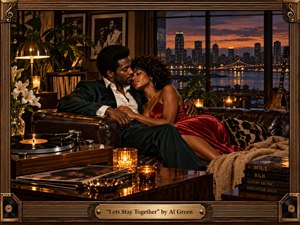A stylish couple relaxes closely on a dark leather sofa in a warm, retro-inspired apartment overlooking a glowing city skyline at dusk. Amber lamps and candles create an intimate mood, while a turntable, records, flowers, plants, and guitar enrich the soulful setting. Rich browns, reds, and golds complete the cinematic composition.