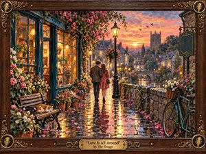 A couple strolls through a flower-filled village lane after rain, surrounded by glowing shop windows, lamplight, stone walls, and a quiet river. Warm gold, coral, teal, and rose tones create a romantic sunset atmosphere. Painterly detail, reflective pavement, climbing blossoms, a resting cat, and vintage framing evoke tender, timeless affection.