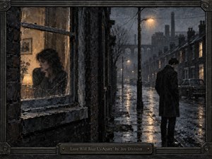 A solitary man stands on a rain-soaked industrial street while a woman watches from behind a cracked window, separated by glass, distance, and silence. Charcoal grays, deep blacks, and muted amber lamplight create a bleak, intimate mood. Textured painterly surfaces, wet reflections, factory chimneys, and the dark metal frame evoke post-punk melancholy.