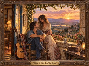A romantic couple rests on a rustic terrace overlooking a glowing countryside at sunset. Warm gold, peach, and earthy tones create a tender, nostalgic mood, while an acoustic guitar, lantern, flowers, and weathered stone add intimate detail. Rich painterly textures and soft evening light give the scene handcrafted warmth and depth.