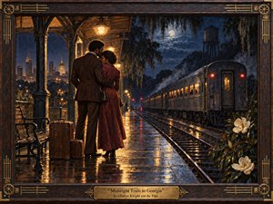 A couple embraces on a rain-slicked midnight train platform as a silver passenger train disappears into the distance. Warm amber lamps contrast with deep blue skies, glowing city lights, and wet reflections. Richly textured oil-paint styling, vintage luggage, magnolia blossoms, and an ornate dark wooden frame create a tender, nostalgic atmosphere.