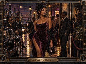 A poised woman in a deep burgundy evening dress steps through a rain-slicked city nightlife scene, surrounded by sharply dressed onlookers, vintage cars, and glowing club entrances. Warm gold reflections contrast with purple-black shadows, creating confident neo-noir glamour. Painterly textures, dramatic lighting, and an ornate music-inspired frame reinforce the sophisticated 1990s mood.