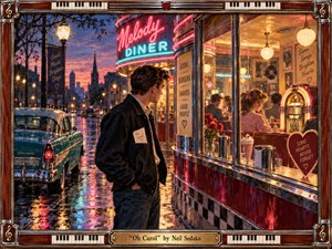 A young man stands outside a glowing 1950s diner on a rain-slicked city street, watching a woman through the window with quiet longing. Warm amber light contrasts with deep blue twilight and neon reflections, while a vintage car, jukebox, chrome details, and piano-key frame create a nostalgic, romantic painted atmosphere.
