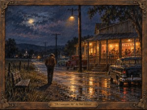 A solitary cowboy walks away from a glowing roadside dance hall beneath a stormy moonlit sky. Warm amber windows contrast with deep blues and muddy reflections, emphasizing isolation and longing. Rich oil-paint textures, vintage cars, weathered wood, telephone poles, and an ornate guitar-inspired frame evoke melancholy 1950s country Americana.