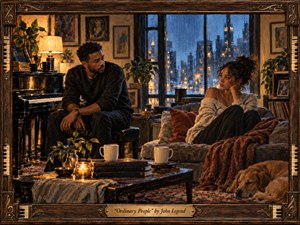 A warmly lit apartment frames a couple sharing a quiet, emotionally charged moment beside a glossy piano while rain softens the city skyline beyond. Amber lamps contrast with cool blue windows, creating intimate tension. Rich painterly textures, worn wood, books, plants, mugs, blankets, and a sleeping dog deepen the lived-in realism.