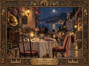 A moonlit Mediterranean terrace overlooks a glowing coastal village, where elegantly dressed couples gather beneath lanterns and flowering vines. Warm gold, deep blue, rose, and bronze tones create a romantic, nostalgic mood. Rich painterly textures, ornate framing, vintage musical details, and shimmering water evoke timeless longing and anticipation.