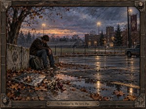 A solitary young man sits slumped beside a rain-slick school parking lot at dusk, framed by fallen leaves, puddled reflections, bleachers, and a looming brick campus building. Muted browns, blue-grays, and amber light create a mournful, nostalgic mood, while the textured painterly style and weathered musical frame deepen the sense of memory and regret.