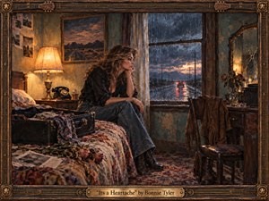 A solitary woman sits beside an open suitcase in a weathered motel room, staring through a rain-streaked window at a fading highway. Warm amber lamplight contrasts with stormy blue-gray skies, creating a melancholy, reflective mood. Rich painterly textures, worn furnishings, scattered roses, photographs, and a cracked mirror deepen the sense of heartbreak and departure.