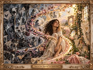 A contemplative woman sits between fractured darkness and a radiant garden, her flowing ivory dress and golden kintsugi-like seams symbolizing healing and self-acceptance. Monochrome memories dissolve into blossoms, butterflies, warm sunlight, and distant hills, creating a hopeful transition. Ornate bronze framing and delicate floral details give the piece a handcrafted, dreamlike elegance.