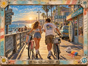 A sunlit coastal boardwalk glows with carefree summer energy as a young couple walks bicycles toward the shimmering horizon. Warm gold, turquoise, coral, and weathered wood create a nostalgic 1990s atmosphere. Long evening shadows, palm trees, surf shops, vintage cars, playful signs, and a distressed handcrafted frame reinforce the breezy, youthful mood.