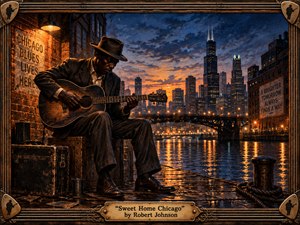 A solitary blues guitarist sits beside the Chicago River at dusk, framed by weathered brick, glowing streetlamps, and a luminous skyline. Deep blues and warm amber reflections create a nostalgic, soulful mood. Painterly textures, worn luggage, industrial details, and an ornate guitar-inspired frame evoke hardship, travel, memory, and enduring musical spirit.