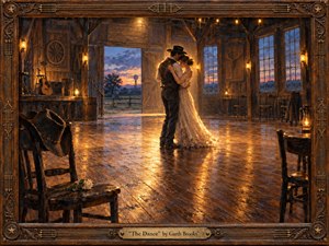 A couple shares a quiet dance in a weathered wooden barn, surrounded by warm lantern light and fading sunset colors beyond the open doors. Golden reflections stretch across the polished floor, creating a tender, nostalgic mood. Rustic chairs, a guitar, flowers, and carved musical details reinforce the handcrafted, romantic country atmosphere.
