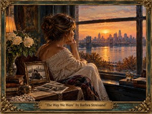 A contemplative woman sits beside a tall window overlooking a glowing city and river at sunset, surrounded by roses, photographs, letters, and worn books. Warm amber light, autumn colors, and reflective water create a nostalgic mood. Rich painterly textures, antique furnishings, and an ornate gilded frame deepen the sense of memory and longing.