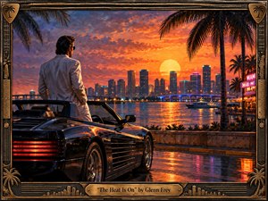 A lone man in a pale suit stands beside a sleek black convertible, overlooking a neon-lit Miami skyline at fiery sunset. Saturated orange, pink, blue, and gold reflections shimmer across water and wet pavement, creating a tense, cinematic 1980s mood. Painterly detail, palm silhouettes, chrome surfaces, and an ornate metallic frame heighten the drama.