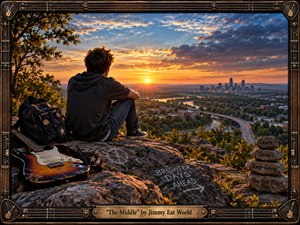 A solitary young figure sits on a rocky overlook beside a worn electric guitar and patched backpack, watching a glowing sunset spread across a distant city and winding river. Warm golds, deep blues, rugged textures, and cinematic light create a hopeful, reflective mood, framed by weathered guitar-inspired metalwork and engraved details.